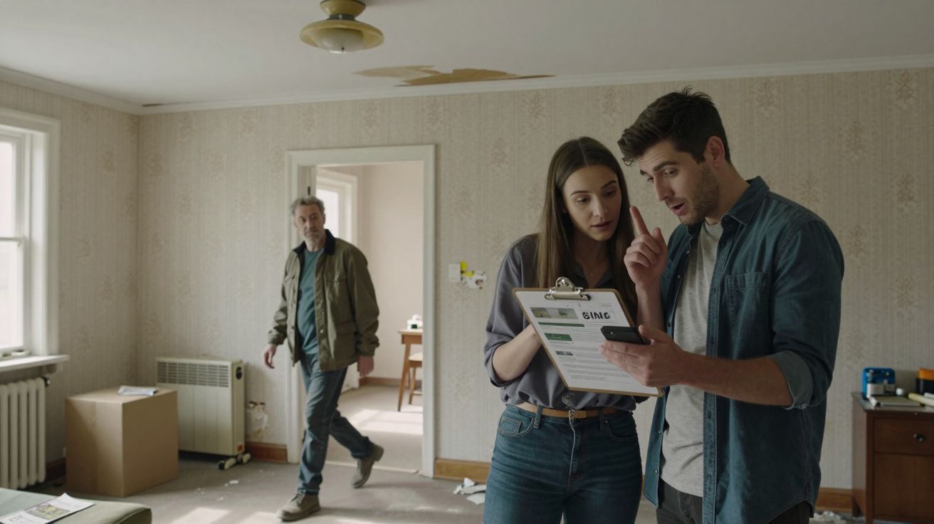 Pareja joven revisa documentos en una casa vacía mientras un hombre mayor camina desde otra habitación.