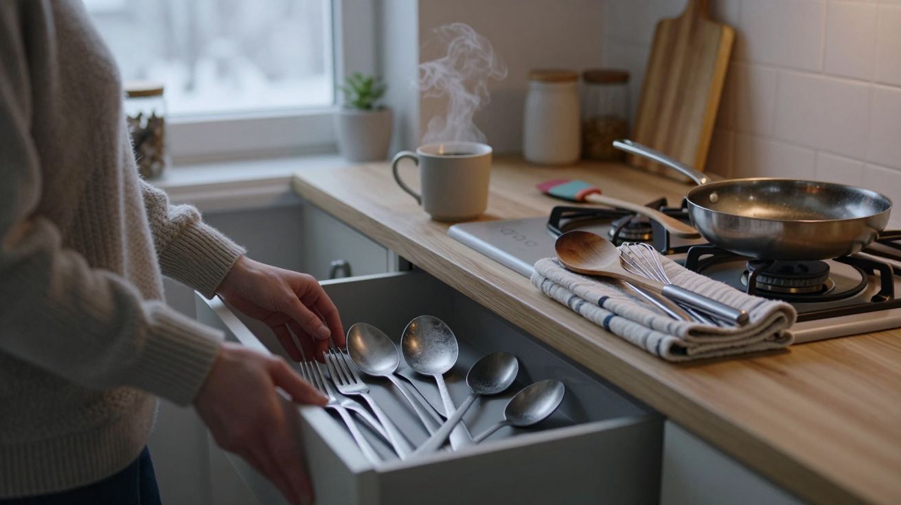 Persona abriendo cajón de cubiertos en cocina con sartén, taza humeante y paños sobre encimera de madera.