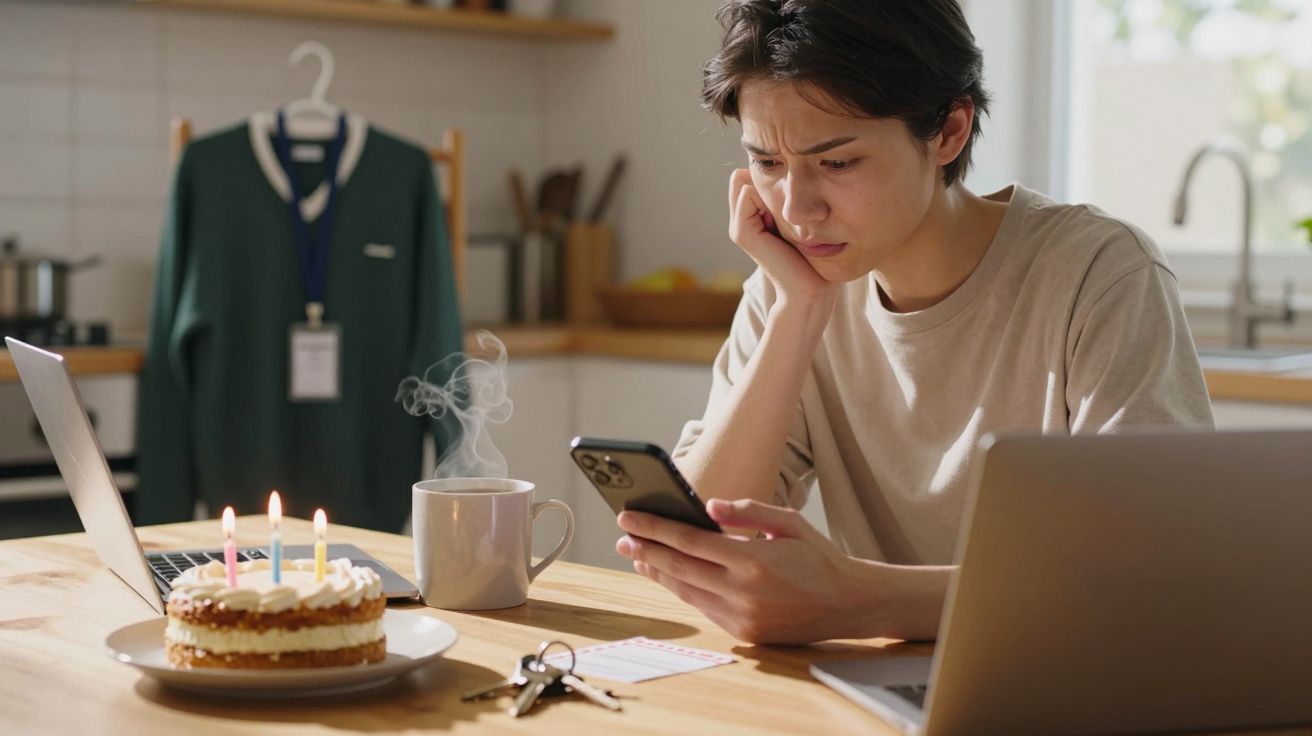 Persona preocupada mirando el móvil, con pastel de cumpleaños y café en una mesa de cocina.