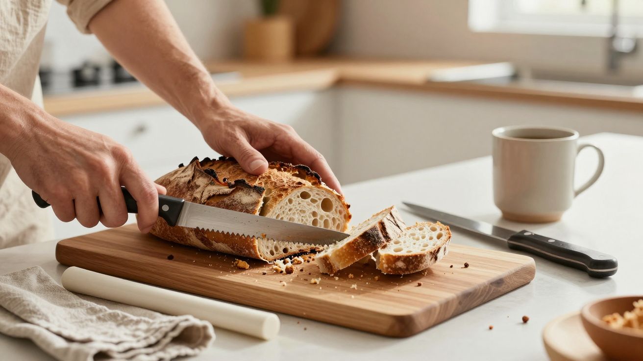 Persona cortando pan en una tabla de madera en la cocina, junto a una taza y un cuchillo adicional.