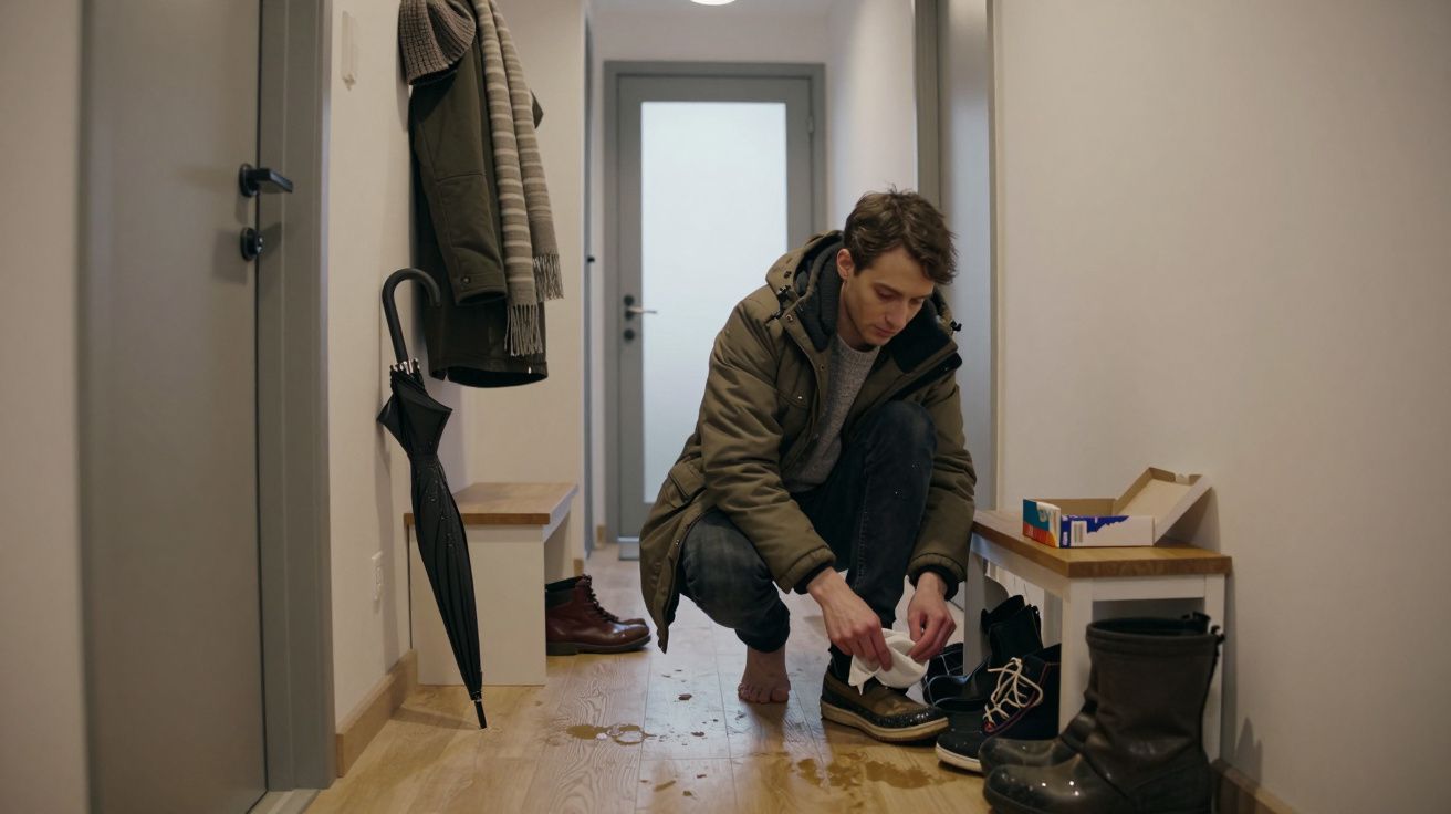 Hombre secando zapatos mojados en un pasillo de casa, con abrigo y paraguas colgados.