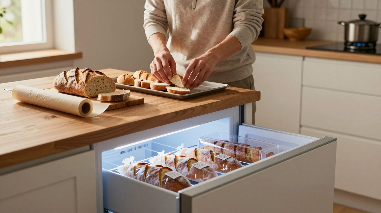 Persona cortando pan sobre una encimera de cocina, con un cajón abierto lleno de pan envuelto en plástico.
