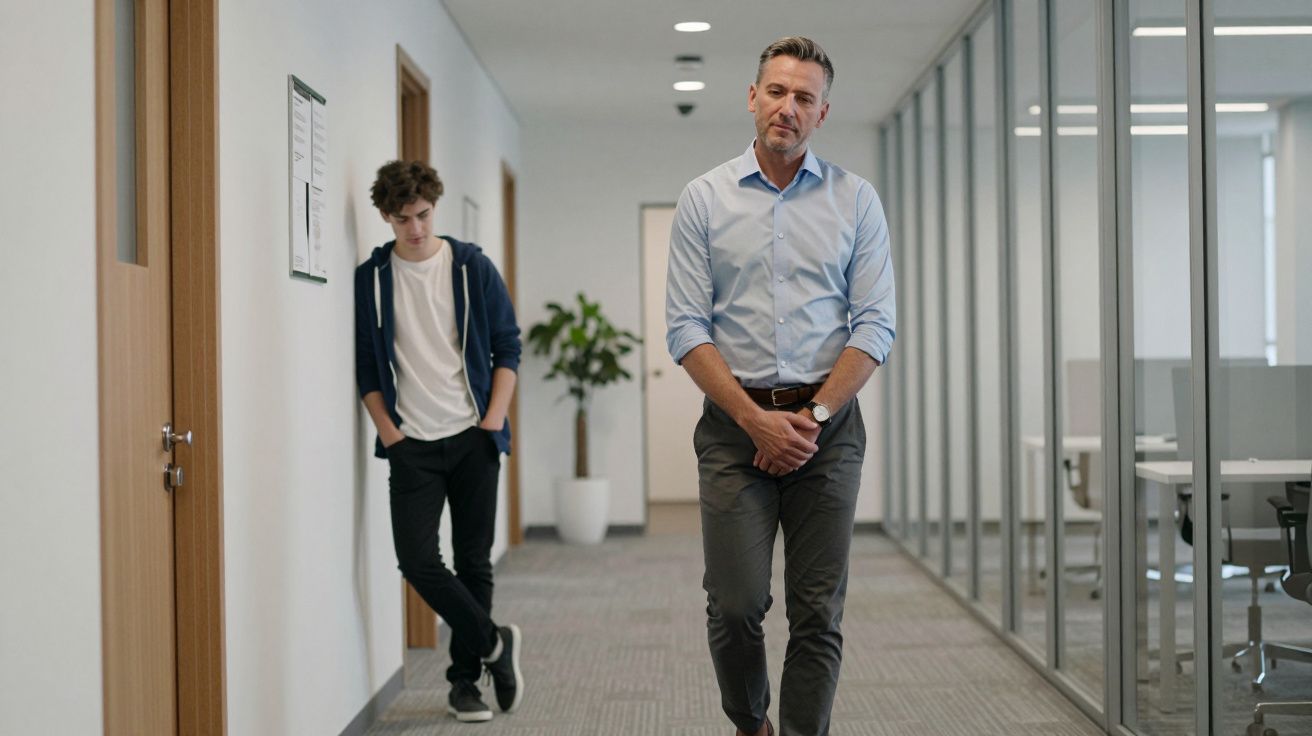 Hombre caminando en un pasillo de oficina mientras un joven está apoyado en una pared en el fondo.