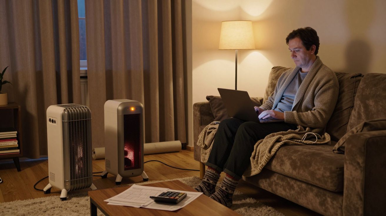Hombre en bata usa portátil en un sofá junto a estufas. Habitación cálida con cortinas y lámpara encendida.