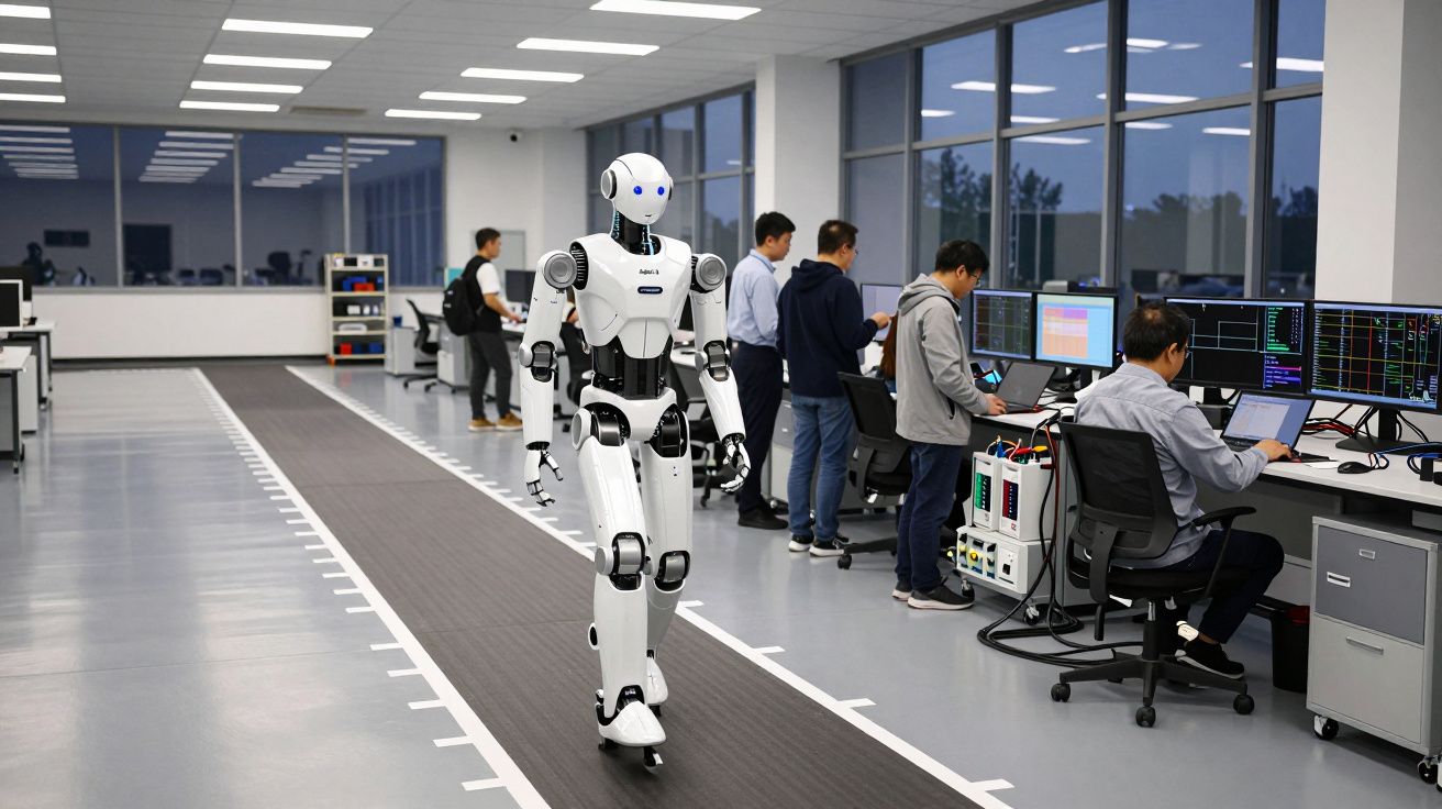 Robot humanoide caminando en oficina moderna, con personas trabajando en ordenadores en el fondo.