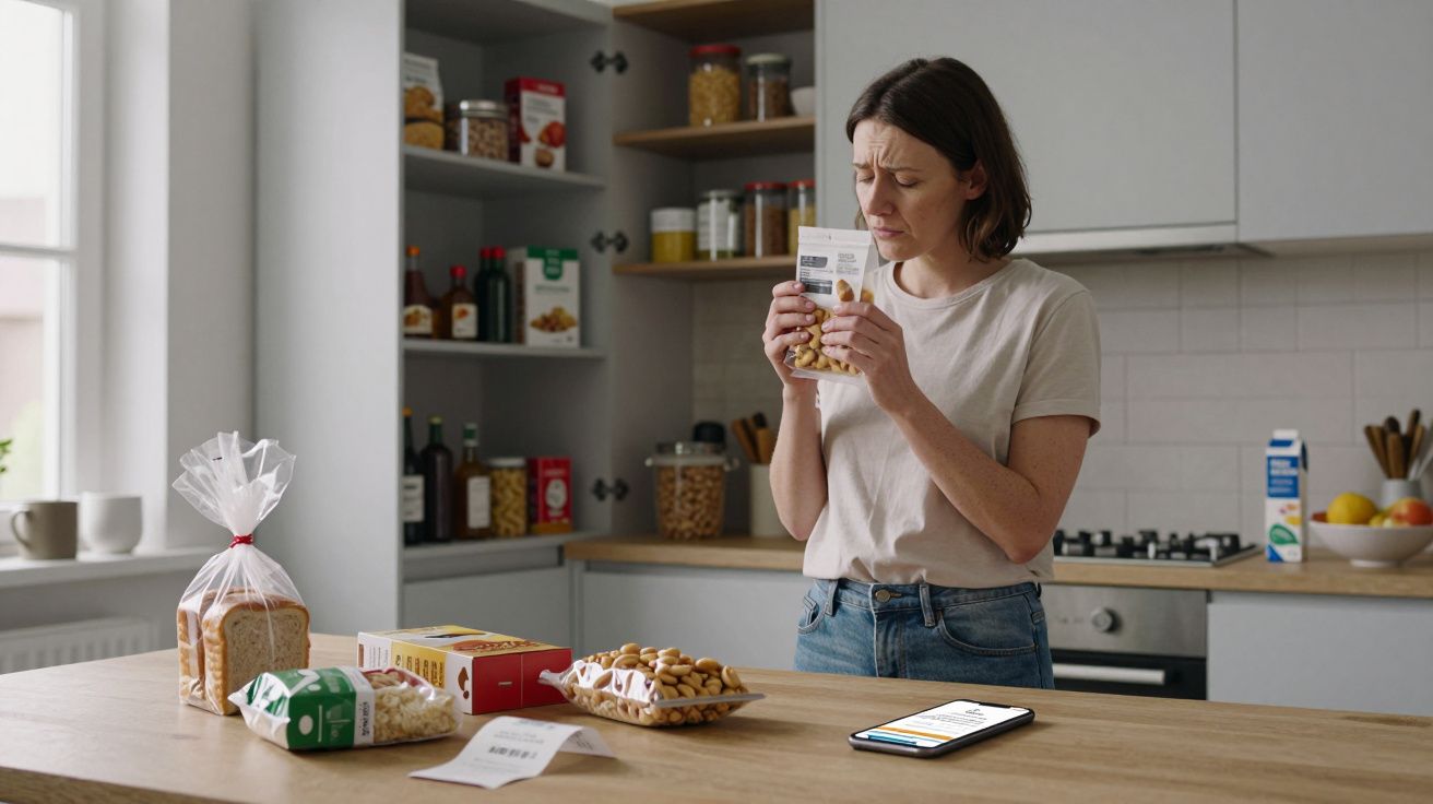 Mujer en cocina leyendo el paquete de galletas con atención, rodeada de productos, junto a tablet sobre la mesa.