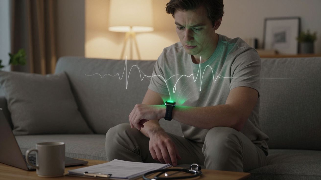 Hombre en sofá revisa pulsera con luz verde y pulso proyectado, junto a portátil, notas y estetoscopio.