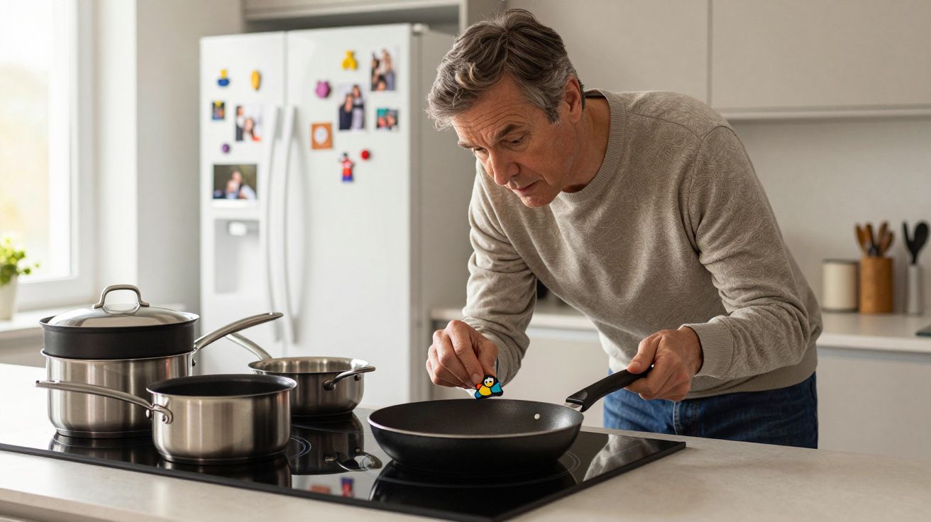 Hombre cocinando en una cocina moderna, usando una sartén sobre una placa de inducción junto a ollas.