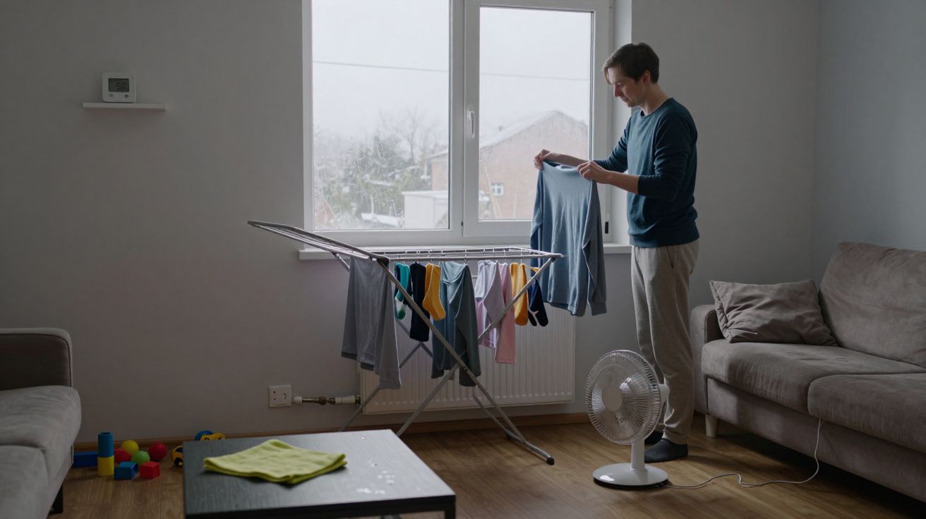 Hombre secando ropa en un salón, con un tendedero y ventilador. Día nublado visto a través de la ventana.