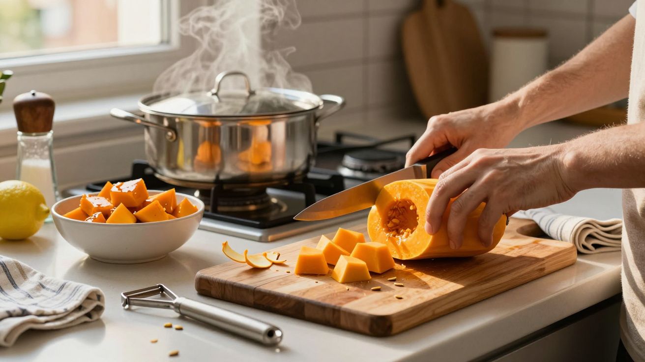 Persona cortando calabaza en una cocina luminosa, olla humeante en la vitrocerámica al fondo.