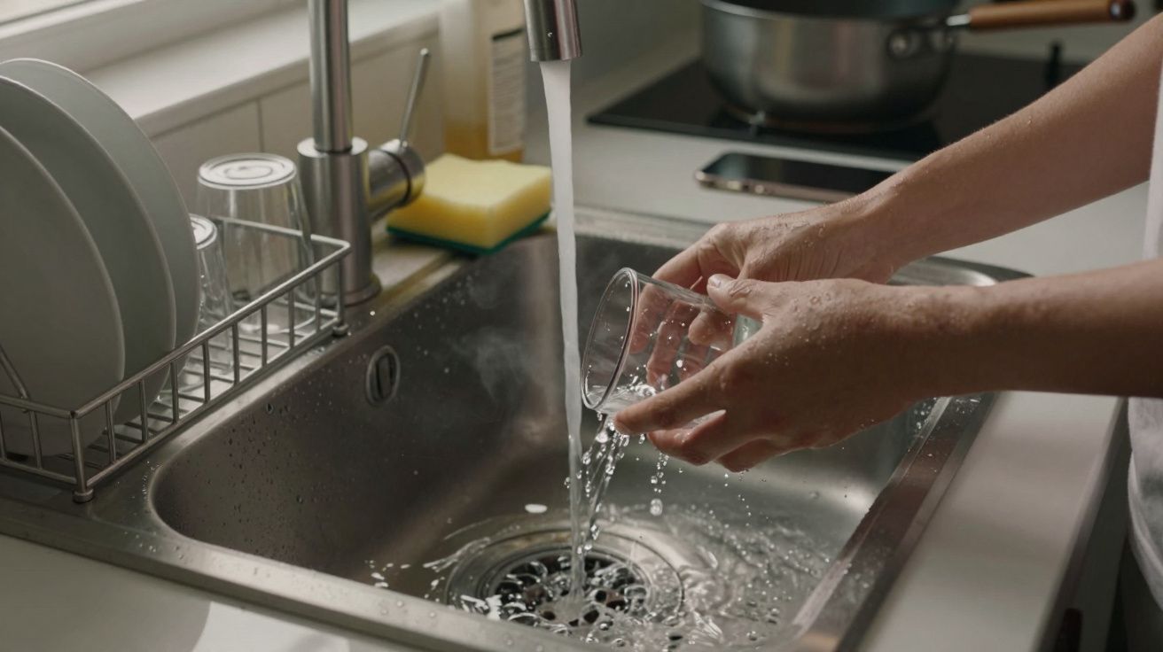 Manos lavando un vaso bajo el grifo en un fregadero de cocina, con agua corriendo y utensilios al fondo.