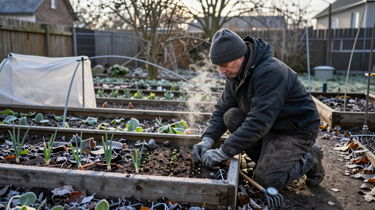 Hombre cultivando un huerto en invierno, con guantes y gorro, rodeado de lechugas y cebollas en una mañana fría.