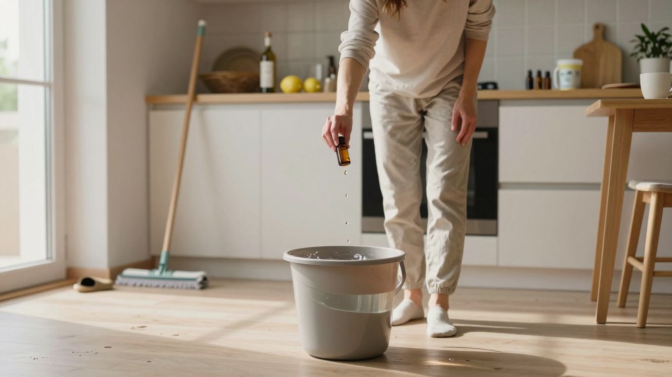 Persona vertiendo líquido en un cubo en una cocina luminosa, mopas y utensilios de limpieza al fondo.