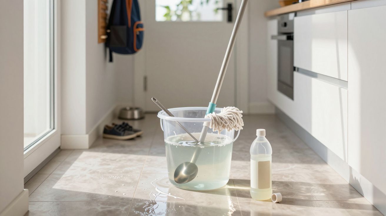 Cubo con fregona y botella de detergente en el suelo de una cocina iluminada por el sol.