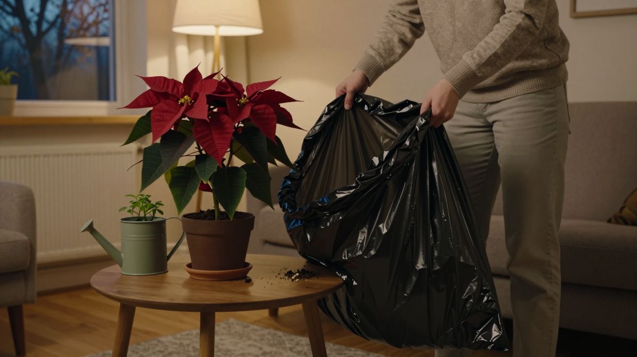 Persona recogiendo tierra cerca de una poinsettia en una mesa de centro en una sala iluminada.