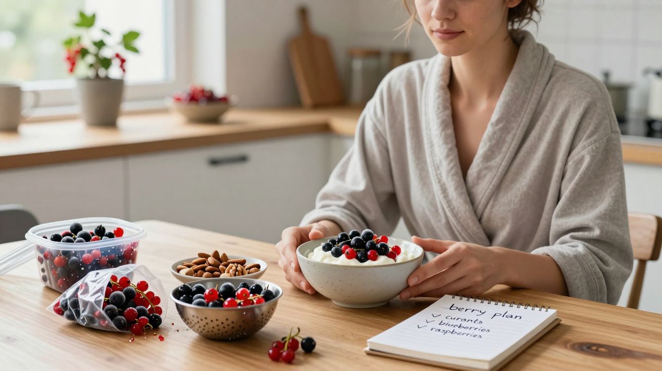 Mujer en bata desayunando bayas y almendras en cocina, con lista de frutas sobre la mesa.
