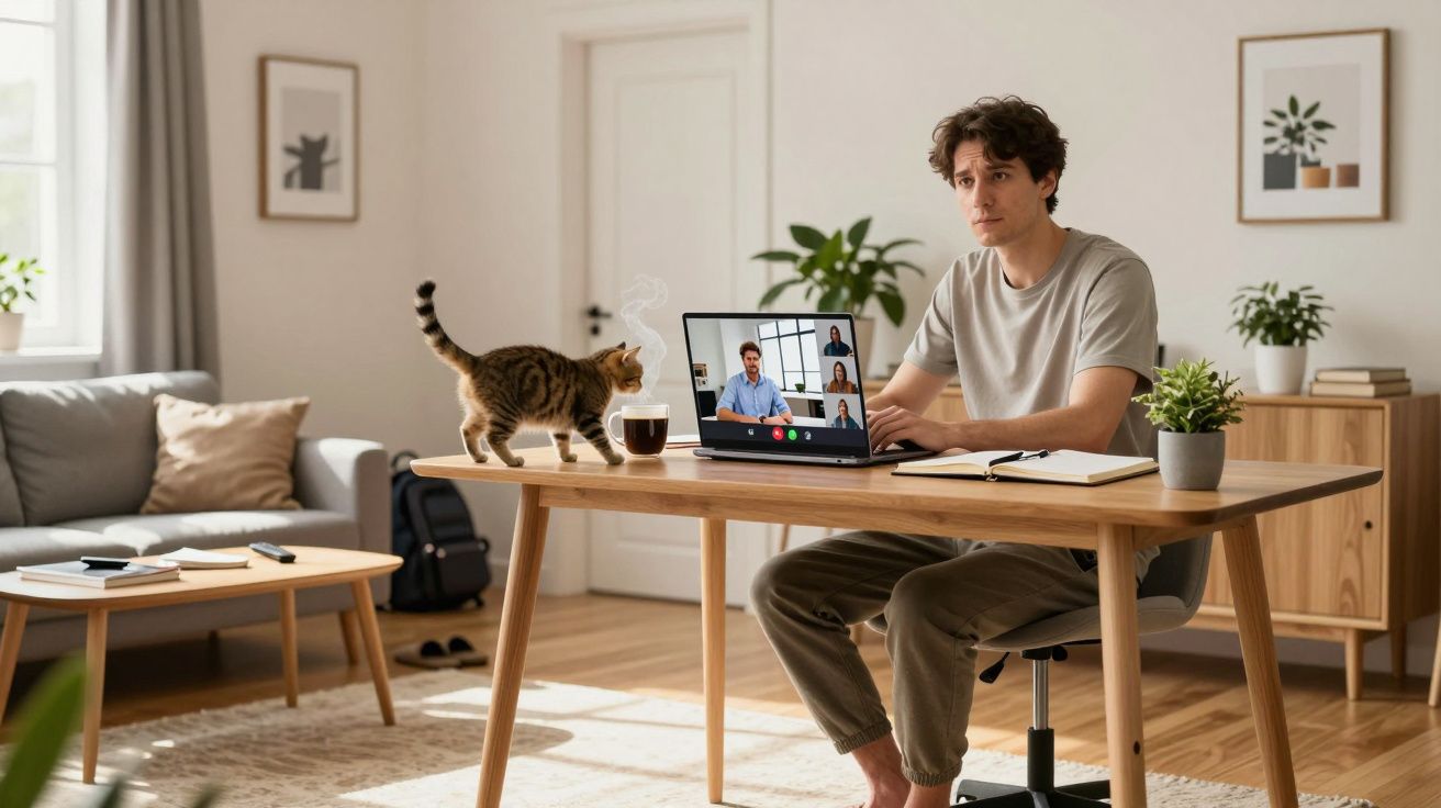 Hombre trabajando en portátil con videollamada, gato camina sobre la mesa en salón moderno.