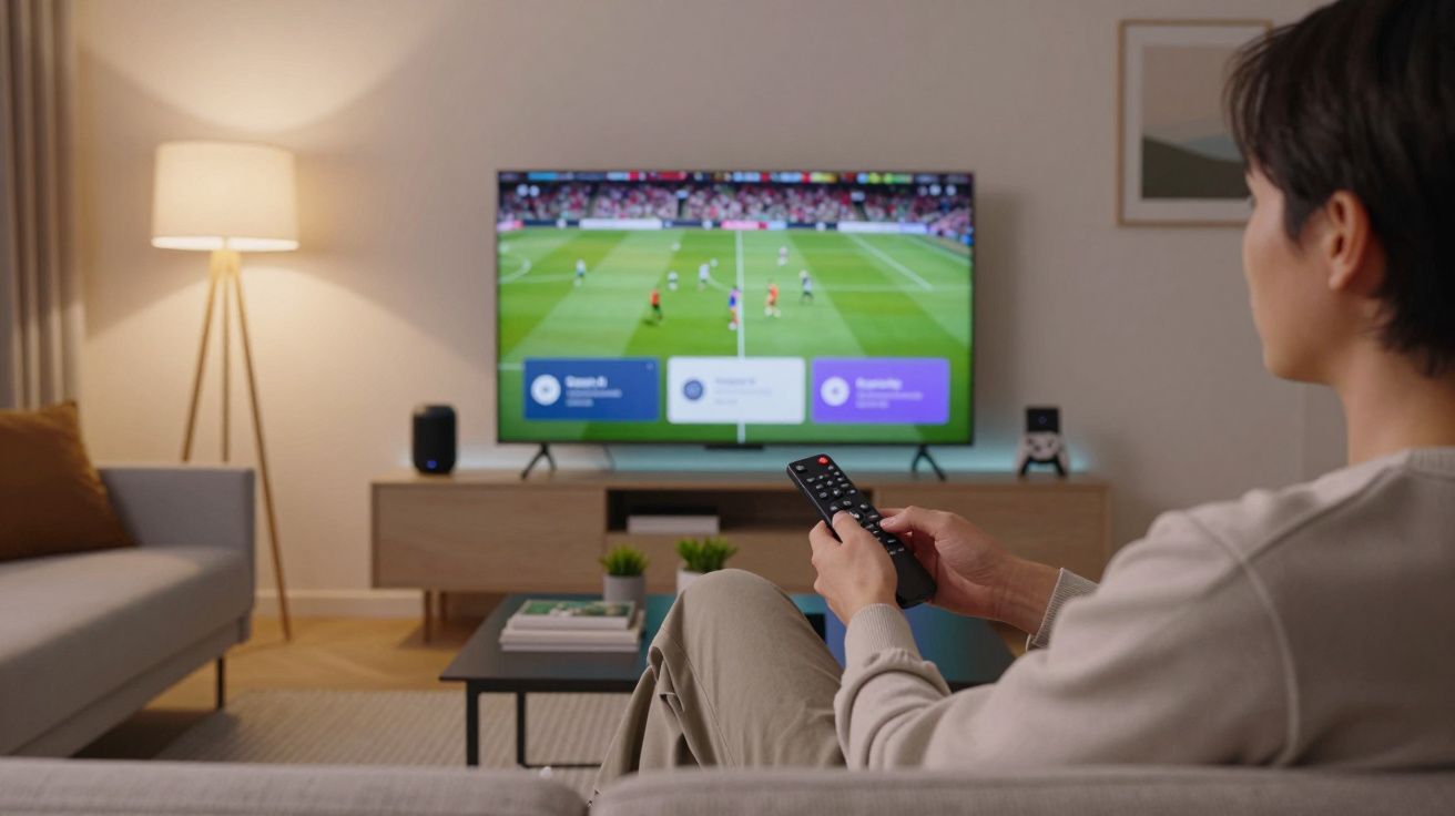 Persona viendo fútbol en la televisión, sentada en un sofá y sosteniendo un mando a distancia en una sala de estar iluminada.