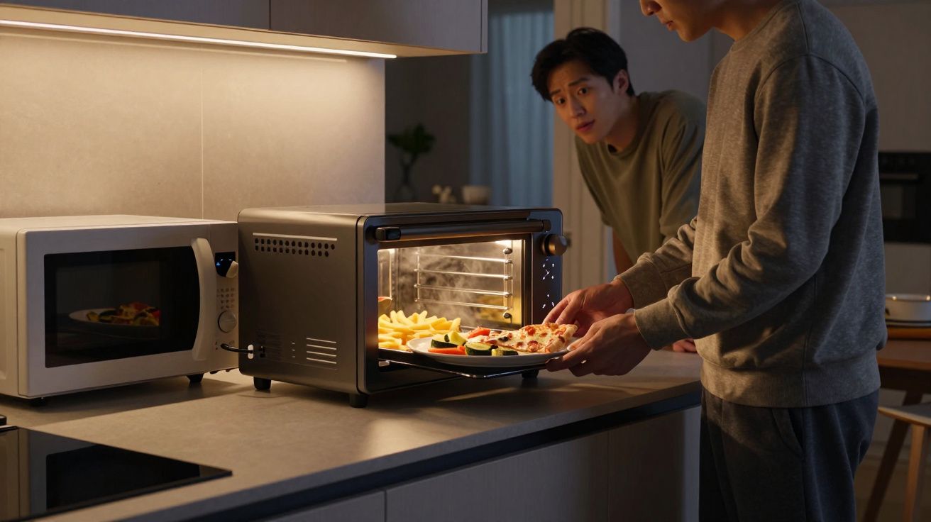 Hombre sacando comida del horno mientras otro observa en una cocina moderna iluminada.