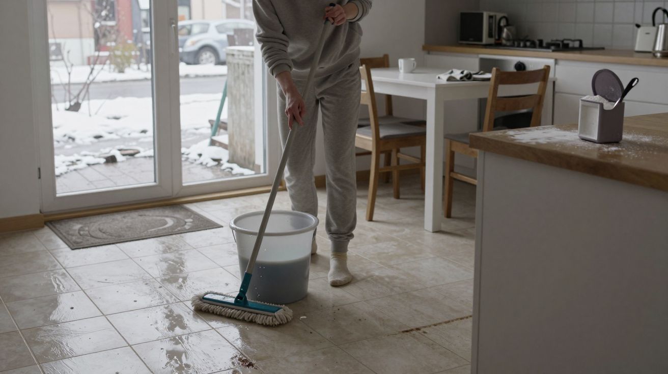 Persona limpiando el suelo de una cocina con fregona. El exterior está nevado y se ve una mesa con sillas a la derecha.