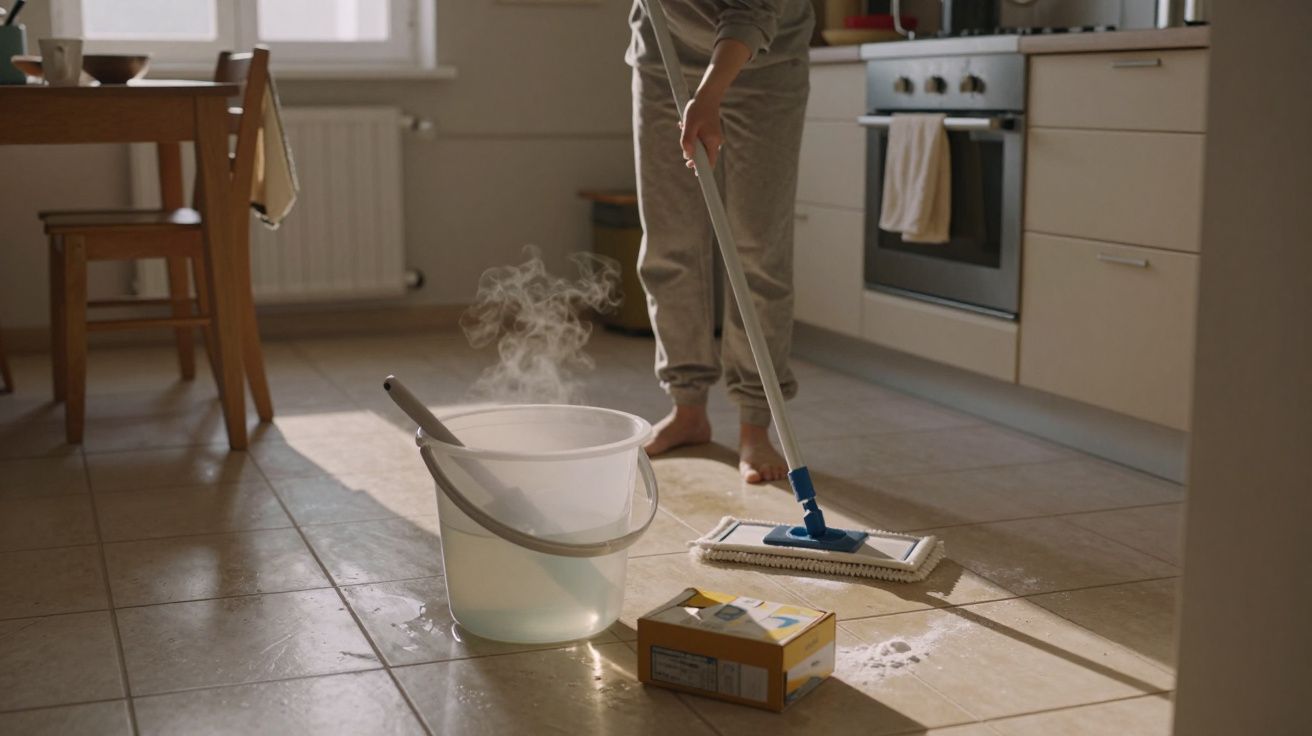 Persona limpiando el suelo de una cocina con una fregona y un cubo de agua caliente al lado de una caja de detergente.