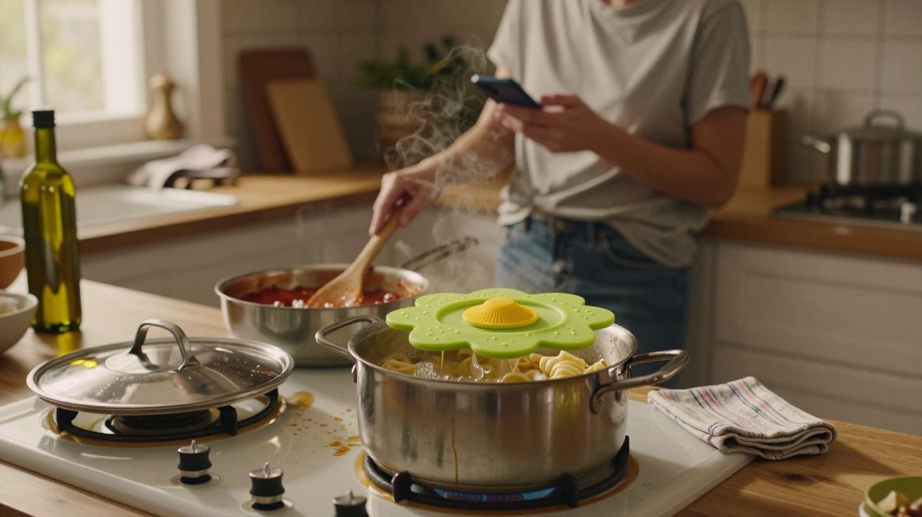 Persona cocinando en la cocina, removiendo salsa en una sartén mientras revisa su móvil, con una olla hirviendo al lado.