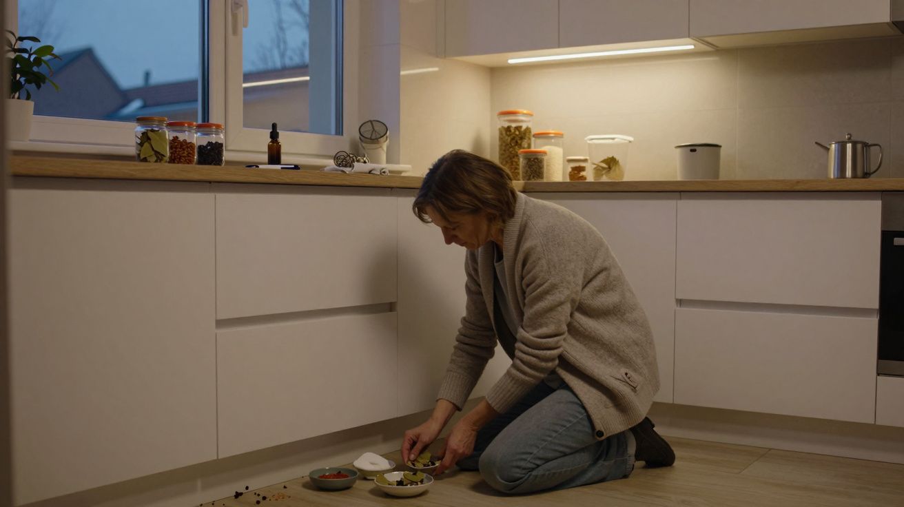 Mujer de rodillas en la cocina, organizando pequeños recipientes sobre el suelo junto a los armarios blancos.