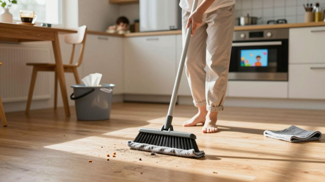 Persona barriendo migas en suelo de cocina luminosa con escoba, cubo y paño gris al fondo.