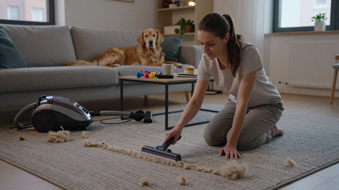 Mujer limpiando alfombra con aspiradora mientras un perro está en el sofá de una sala de estar.