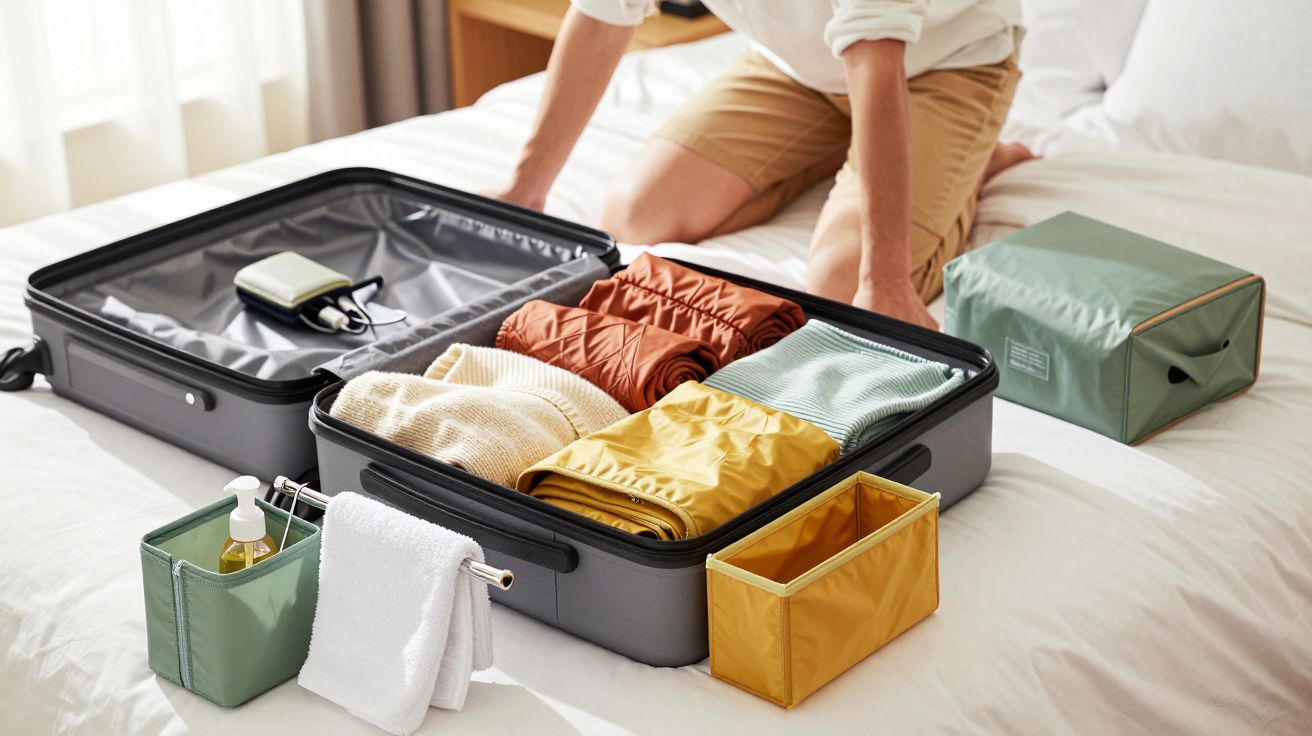 Persona arreglando una maleta abierta sobre la cama con ropa y neceseres bien organizados.