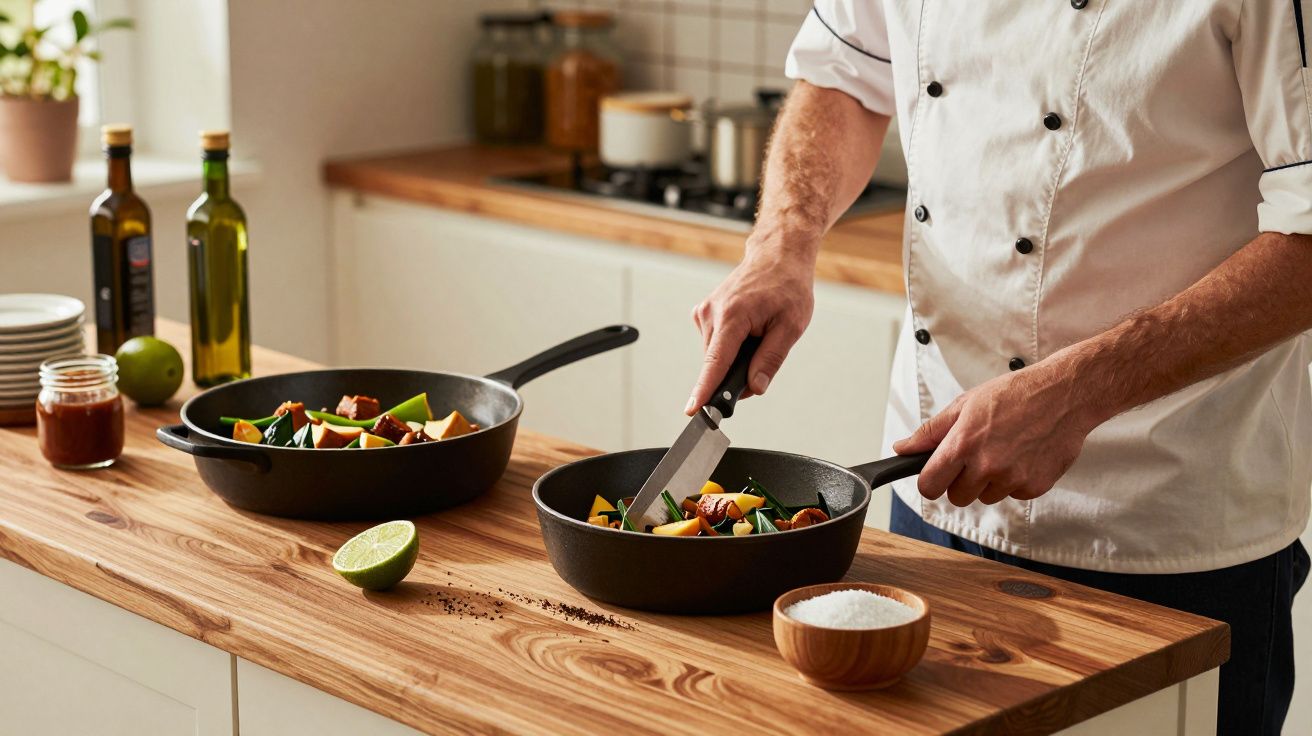Cocinero rebanando verduras frescas en una sartén sobre una encimera de madera en una cocina moderna.