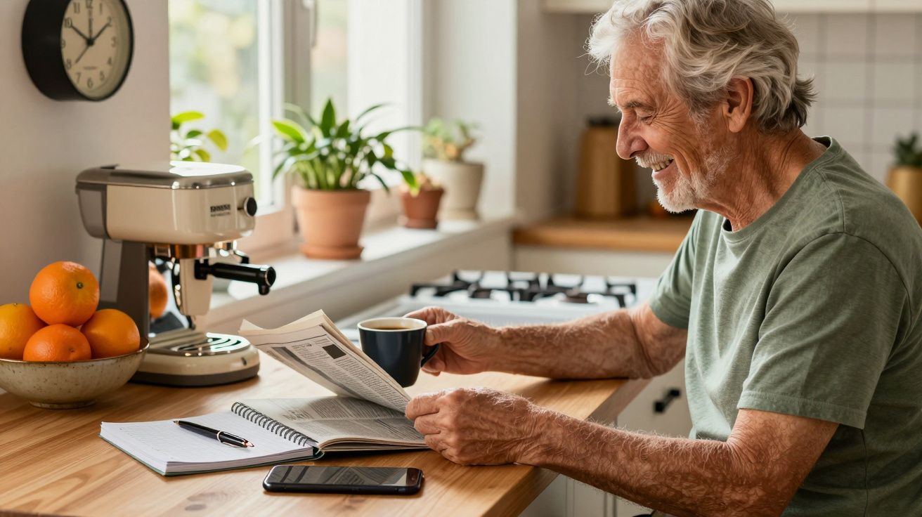 Hombre mayor sonriendo mientras lee el periódico y toma café en la cocina, rodeado de plantas y frutas.