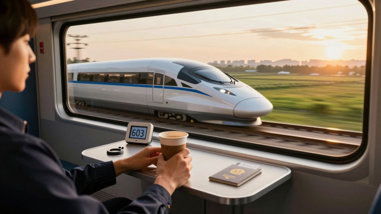 Persona en tren observa otro tren de alta velocidad a través de la ventana. Lleva una bebida en la mano.