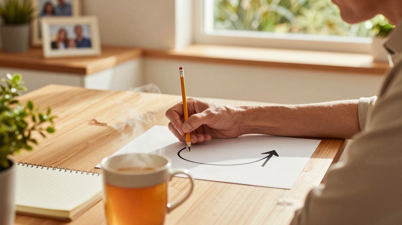 Mano dibujando una flecha curva en papel, junto a una taza de té y una libreta sobre mesa de madera.