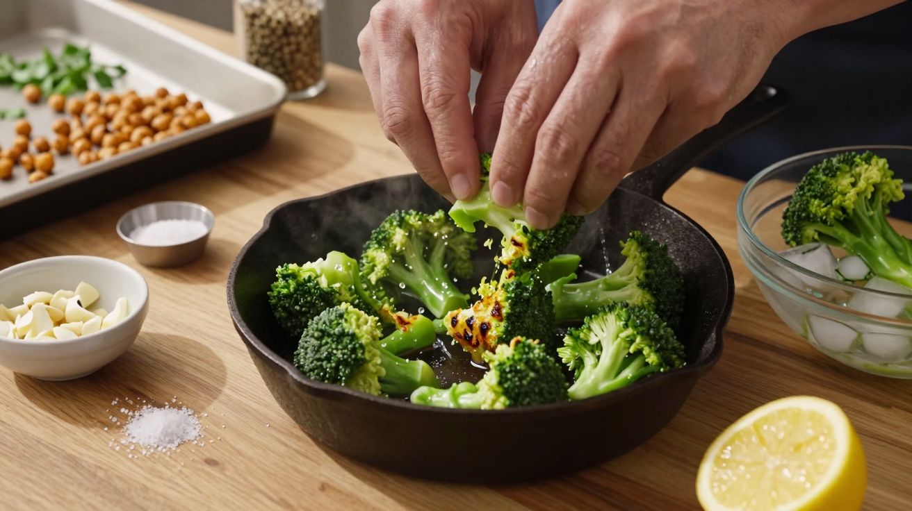 Manos cocinando brócoli en sartén con rodajas de ajo, sal y garbanzos al fondo.