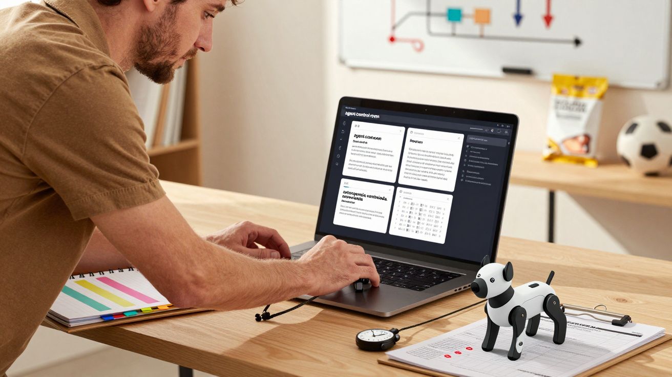 Hombre trabajando en portátil con perro robot sobre el escritorio, junto a papeles y un cronómetro. Hay un balón de fútbol de