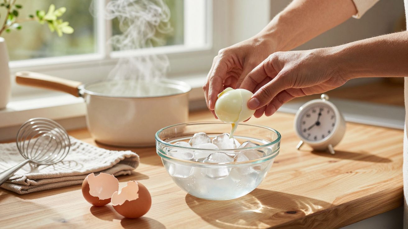 Manos pelando un huevo cocido sobre un bol con hielo en una cocina luminosa, con una olla y temporizador de fondo.