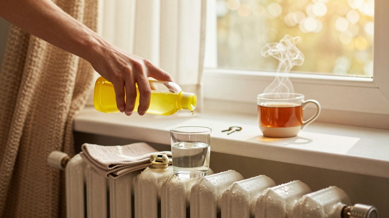 Persona vertiendo líquido amarillo en un vaso sobre un radiador junto a una taza de té humeante.