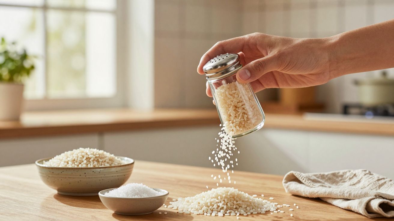 Mano vertiendo arroz de un tarro sobre una mesa de cocina junto a un plato de arroz y sal.