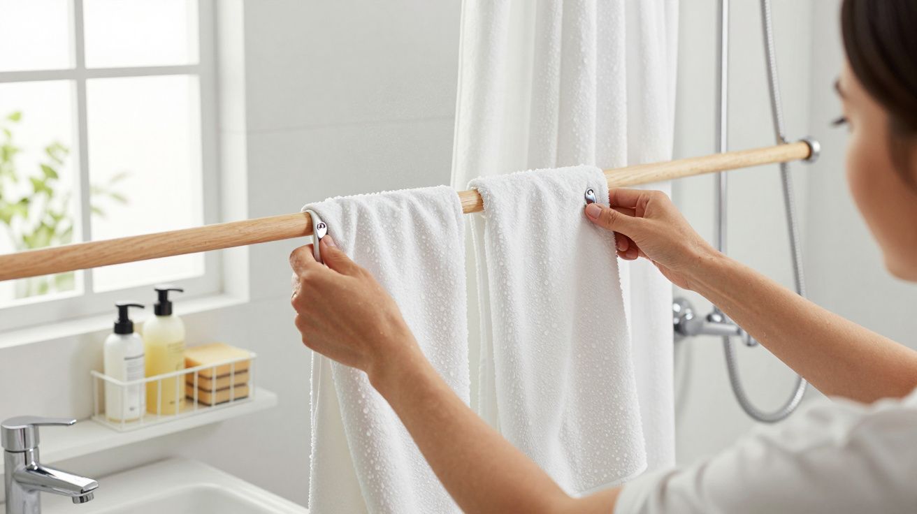 Persona colgando una toalla blanca en un baño moderno con ventana y productos de higiene junto al lavabo.