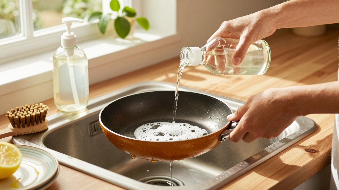 Persona lavando una sartén con agua y jabón en un fregadero de cocina iluminado por la luz natural.