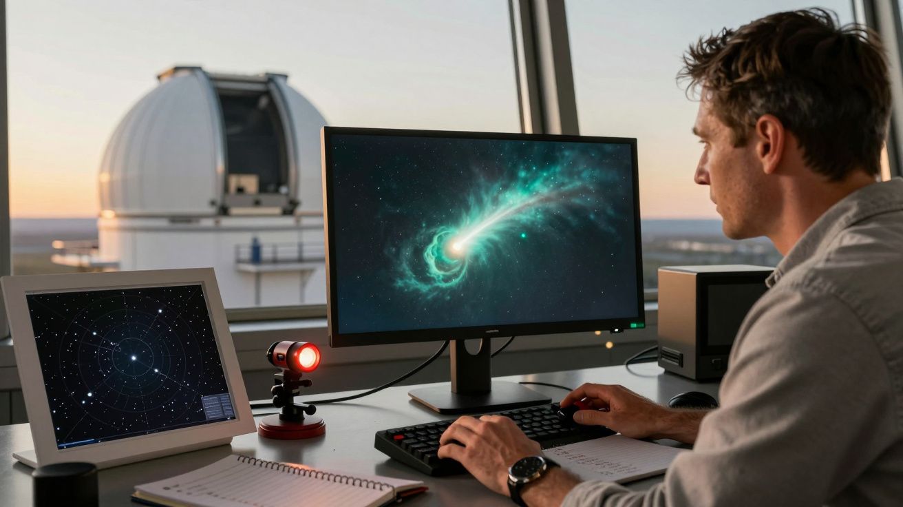 Astrónomo observa imágenes del espacio en dos monitores con telescopio en el exterior al atardecer.