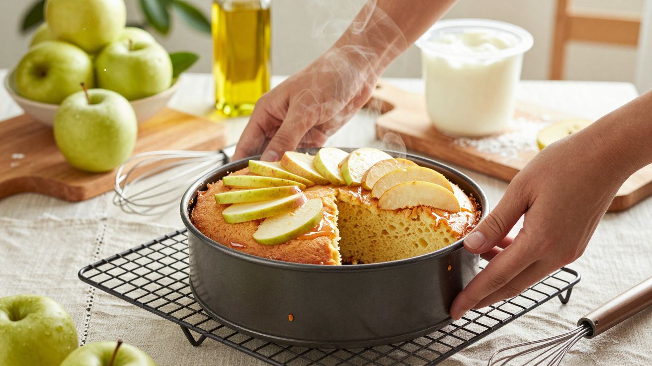Manos sacando bizcocho de manzana del horno sobre rejilla, con manzanas y yogur de fondo.
