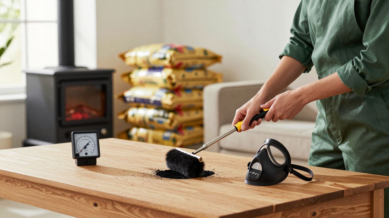 Persona usando un cepillo para limpiar cenizas en una mesa de madera, con un medidor y una máscara al lado.