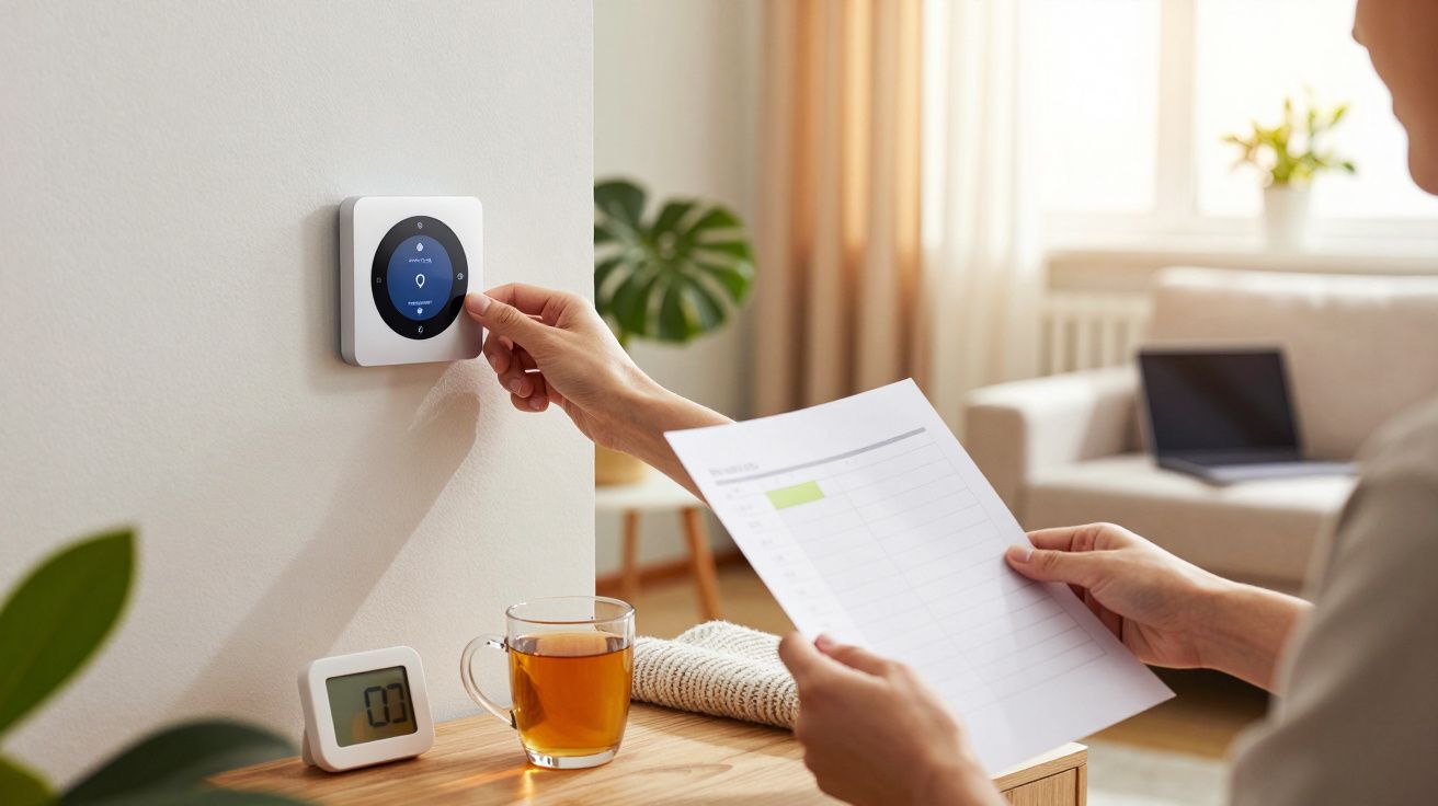 Persona ajustando un termostato inteligente en una pared mientras sostiene un documento. En la mesa, hay una taza de té.