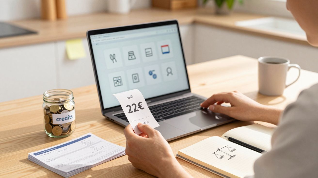 Persona trabajando en un ordenador portátil, sosteniendo una factura de 22€, junto a un tarro de monedas y documentos.