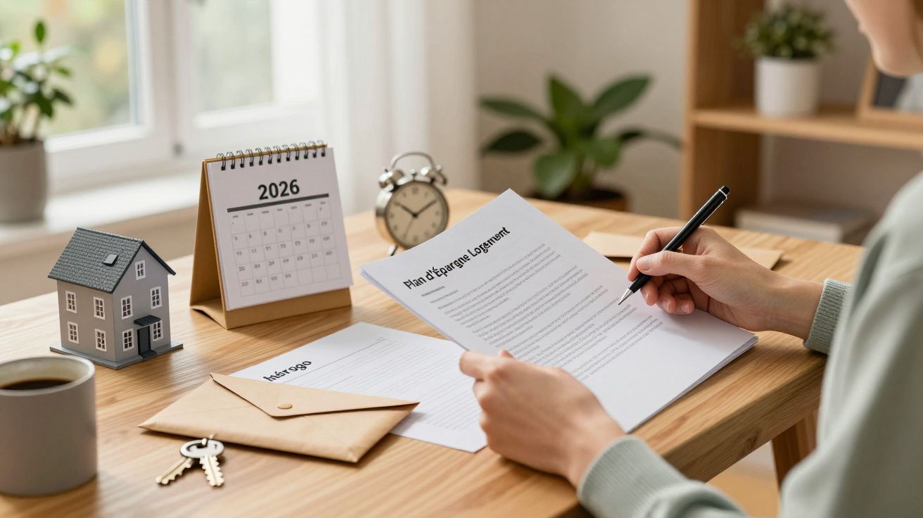 Persona escribiendo en documentos con un calendario 2026, casa en miniatura, taza y llaves sobre una mesa de madera.