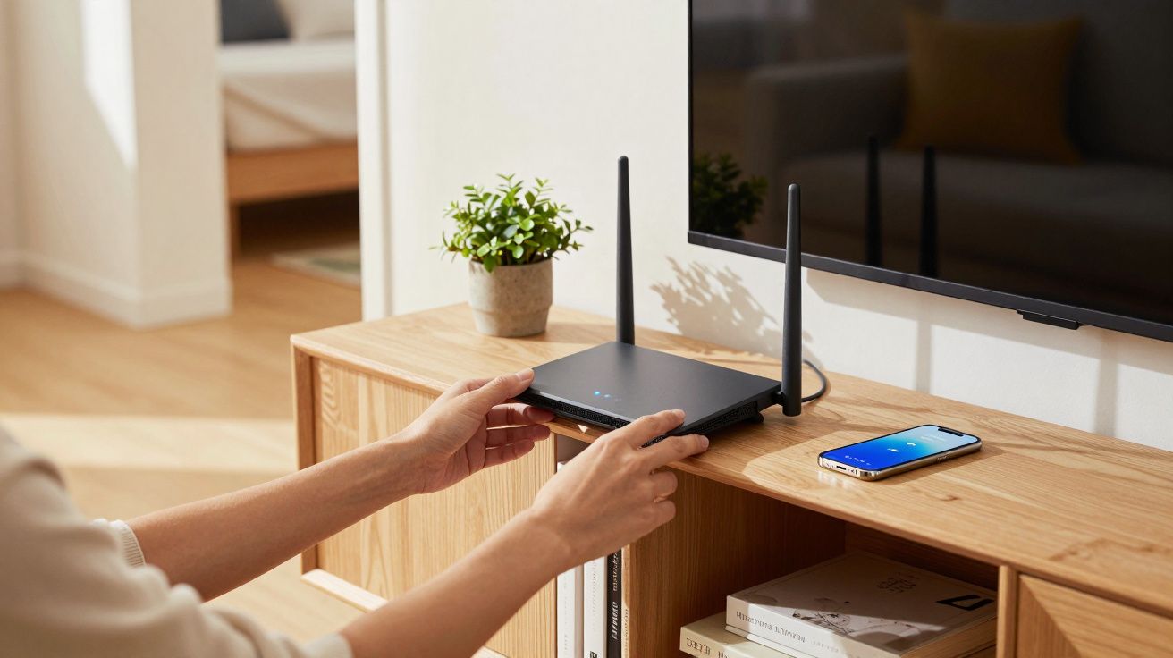 Persona ajustando un router sobre un mueble de madera con un teléfono móvil y una planta al lado, frente a un televisor.