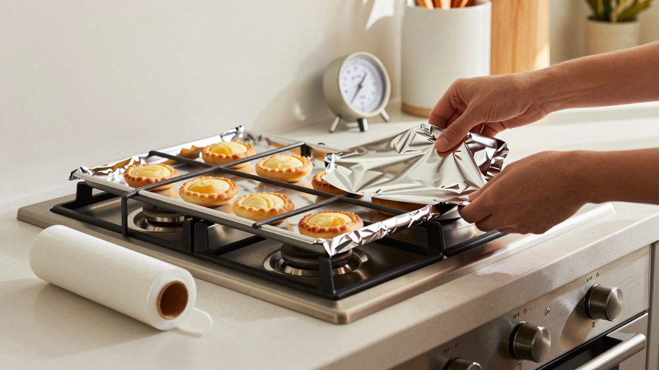 Persona cubriendo tartaletas en la cocina con papel de aluminio sobre la encimera.