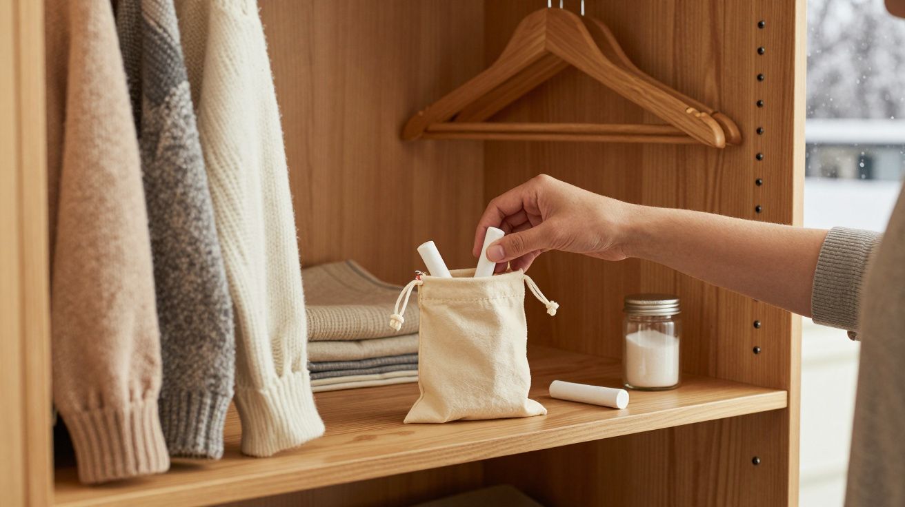 Mano metiendo un desodorante de tela en una bolsa en estante de armario con ropa doblada y colgada.